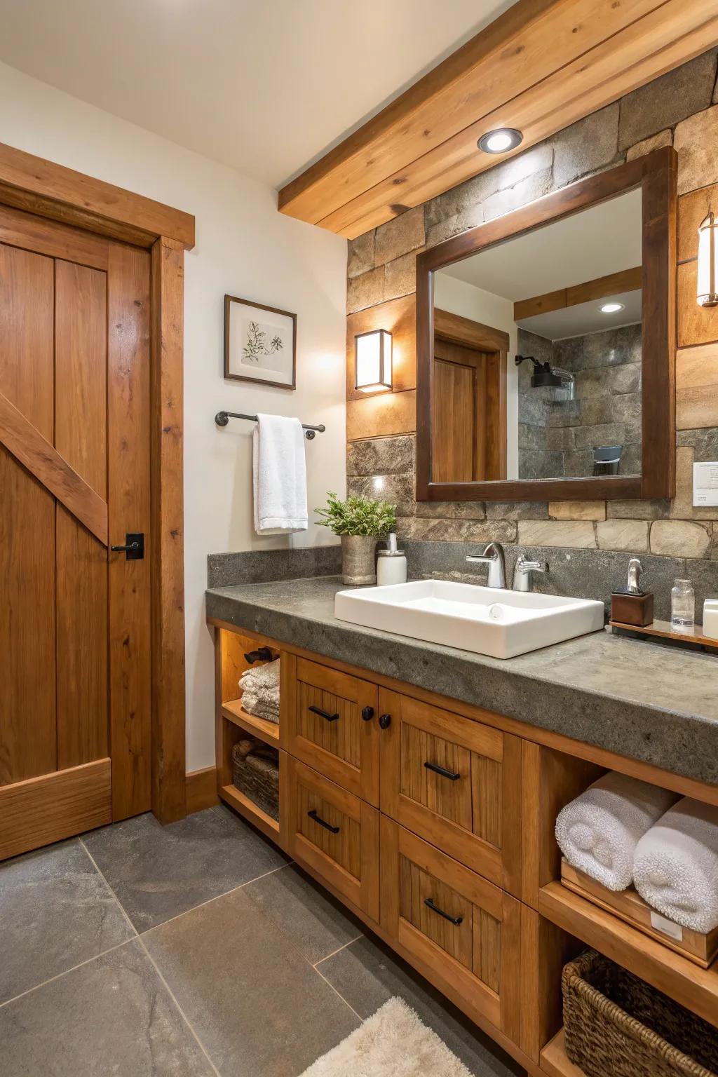 Inherent components afford harmony and warmth to subdued bathrooms.