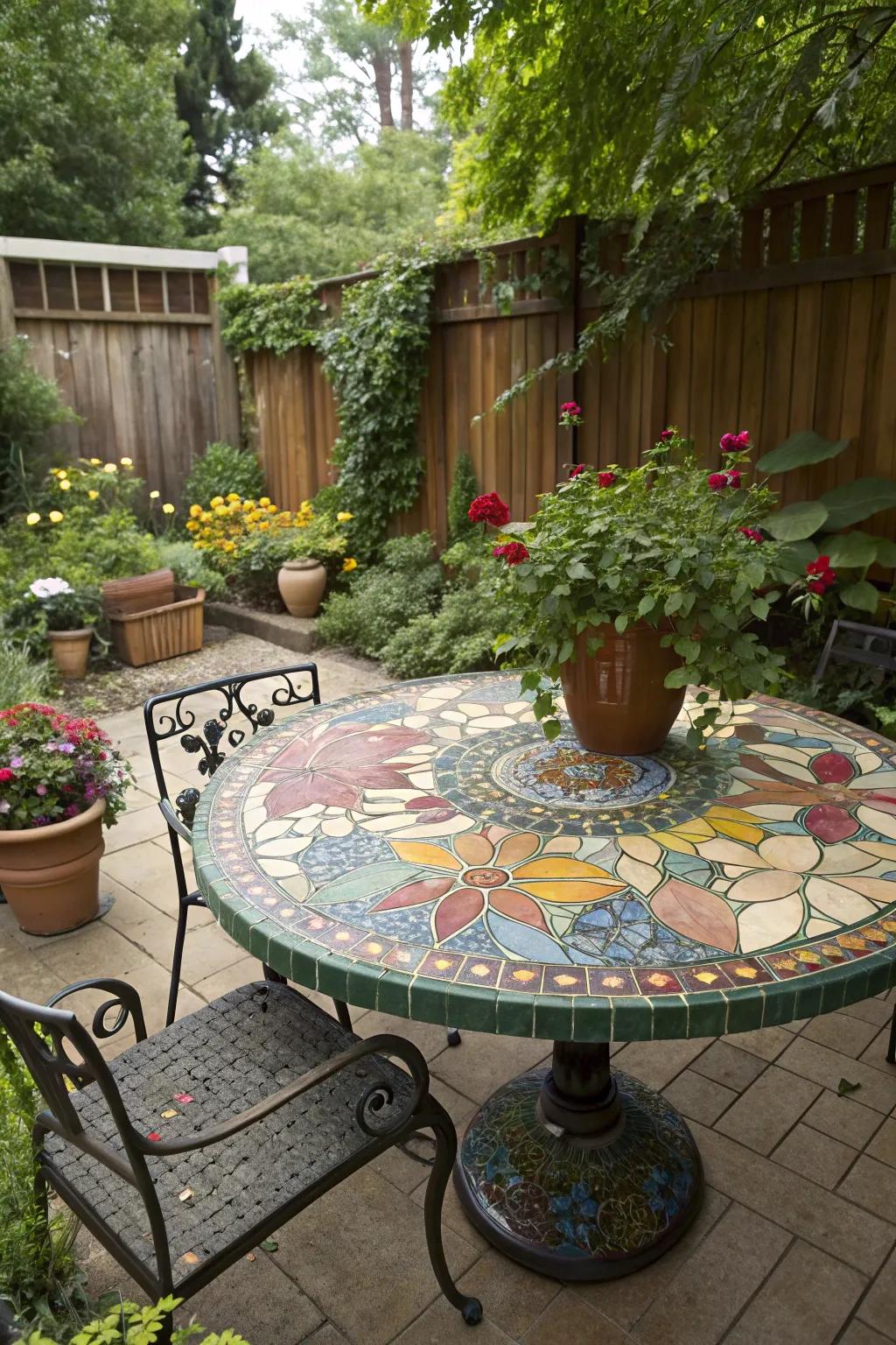 An outdoor mosaic table introduces vibrant character to your garden area.