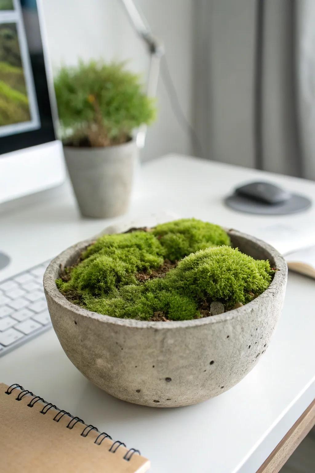 A contemporary cement bowl planter showcasing dynamic moss.