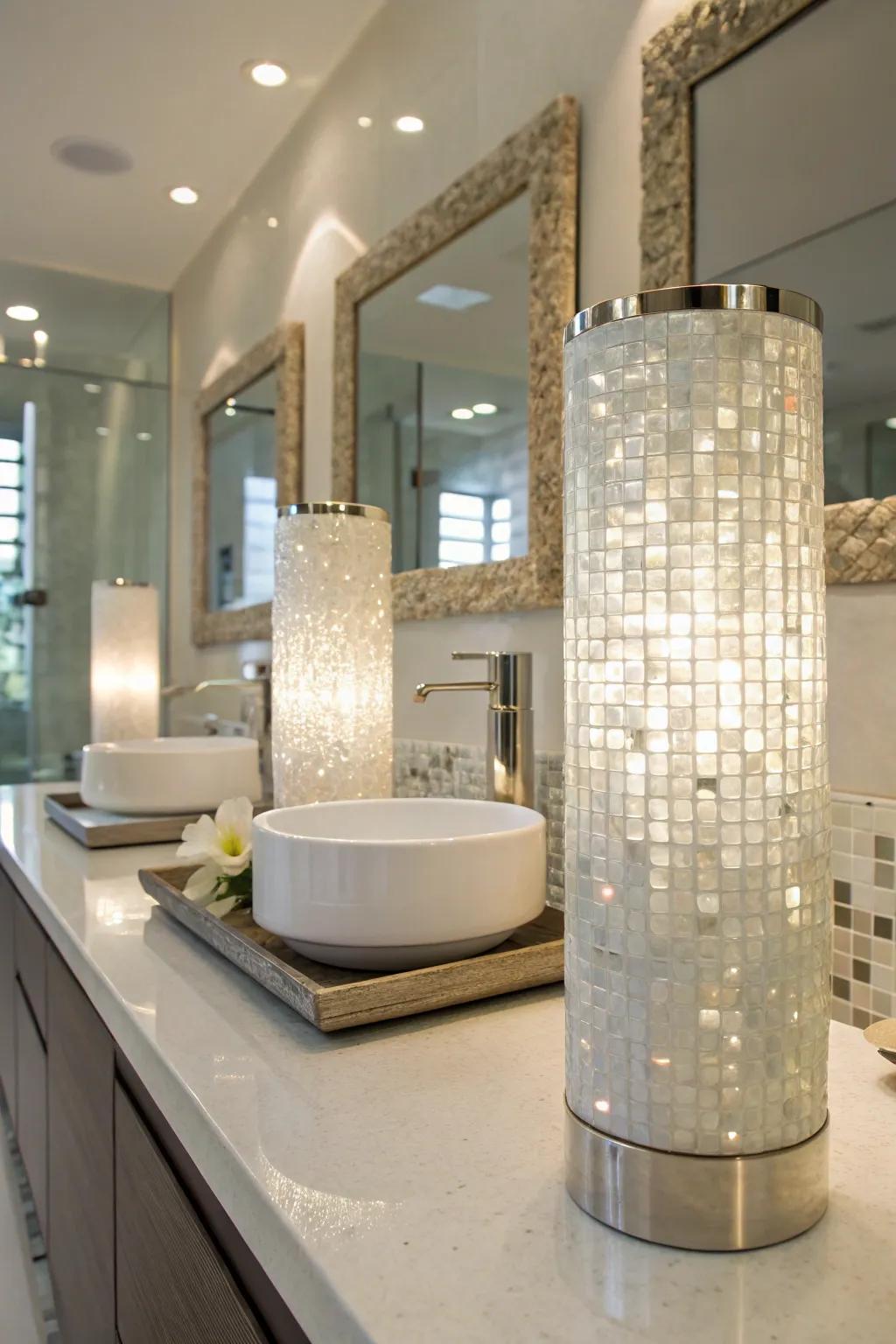 Strategic lighting elevates the inherent shimmer of mother of pearl panels.