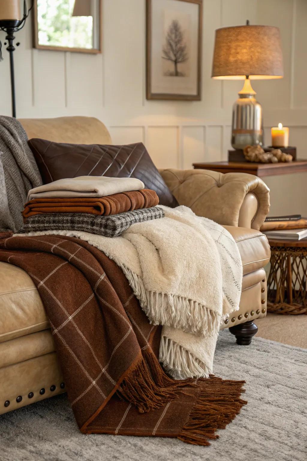A room filled with warmth with layered earthy surfaces.
