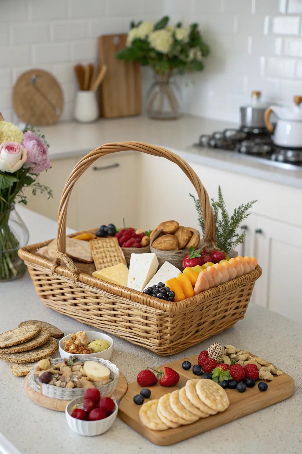 A gourmet basket overflowing with delightful treats for celebrating new beginnings.