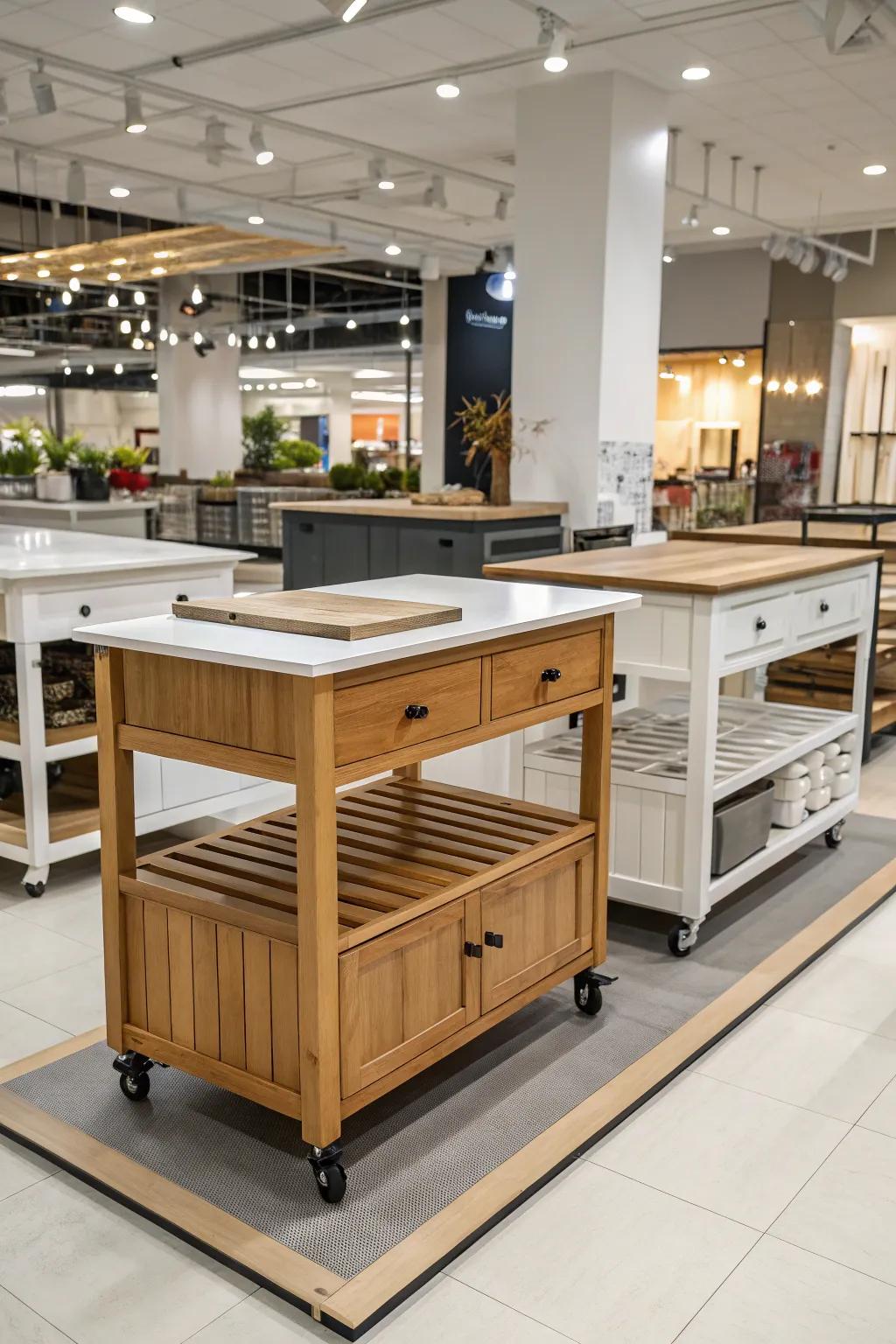 A variety of moveable kitchen island designs