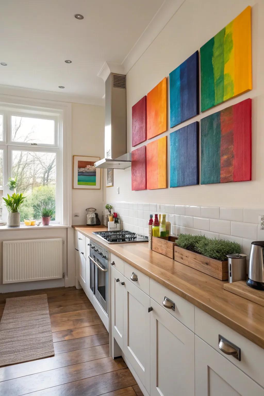 Abstract blocks of color in red and orange, engendering a lively and vibrant atmosphere in the cooking area.
