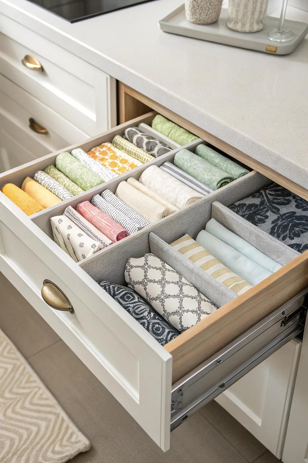 Drawer dividers crafting a visually pleasing and exceptionally organized storage solution for napkins.
