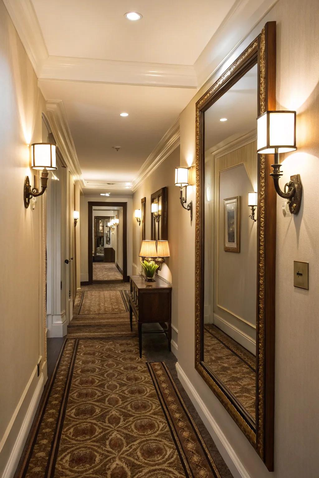 Mirrors improve light and create an impression of spaciousness in constricted hallways.