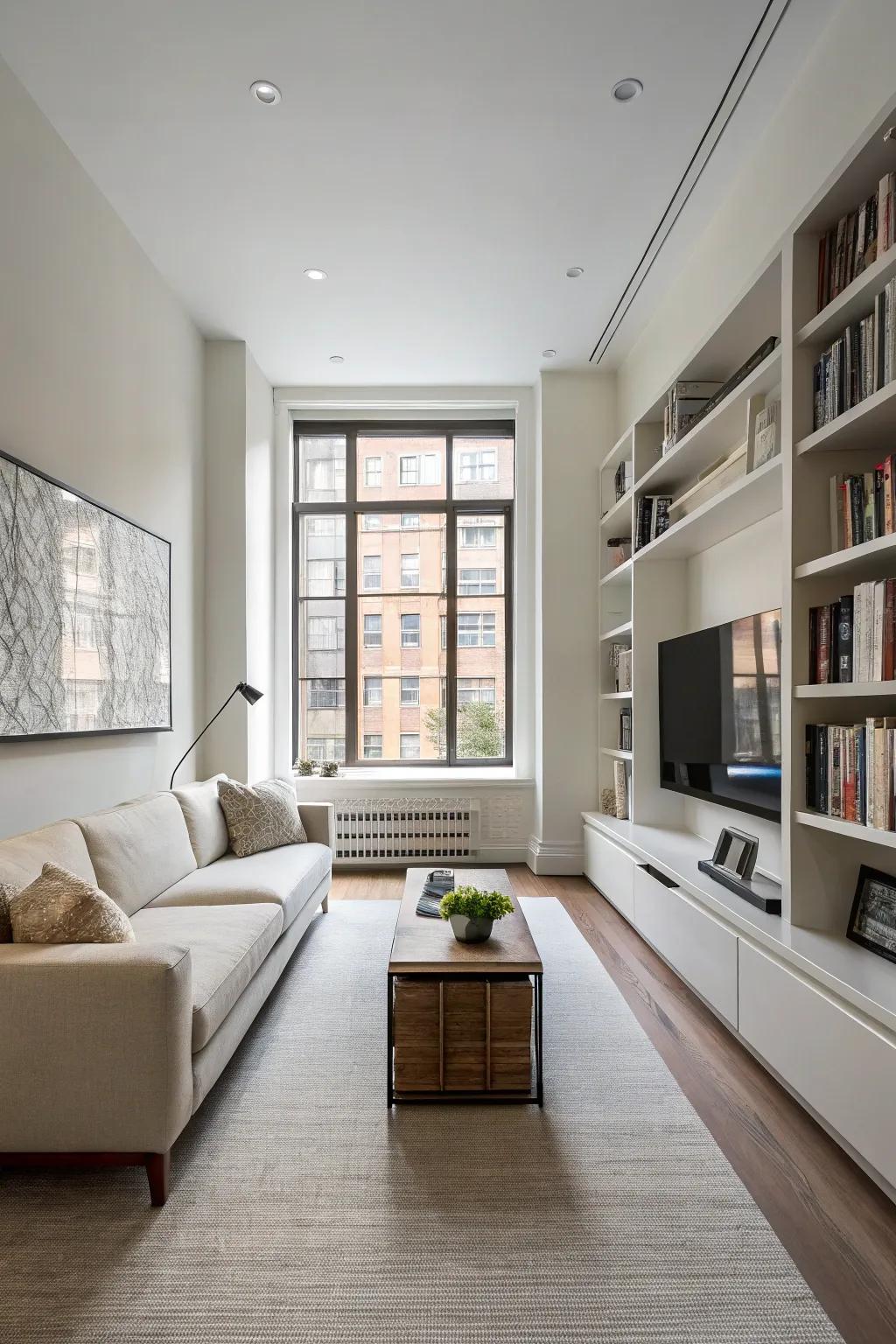 Streamlined furniture articles preserving an unconfined sensation in a restricted living space.