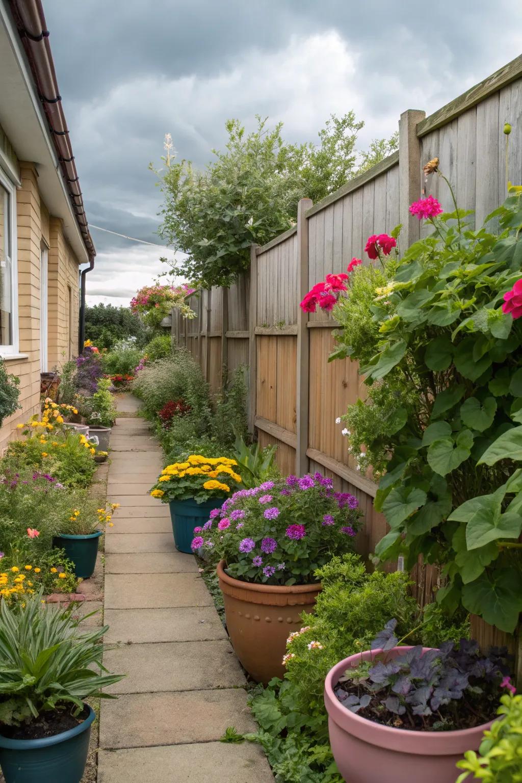 Potted flora provides adaptability and flair in narrow areas.