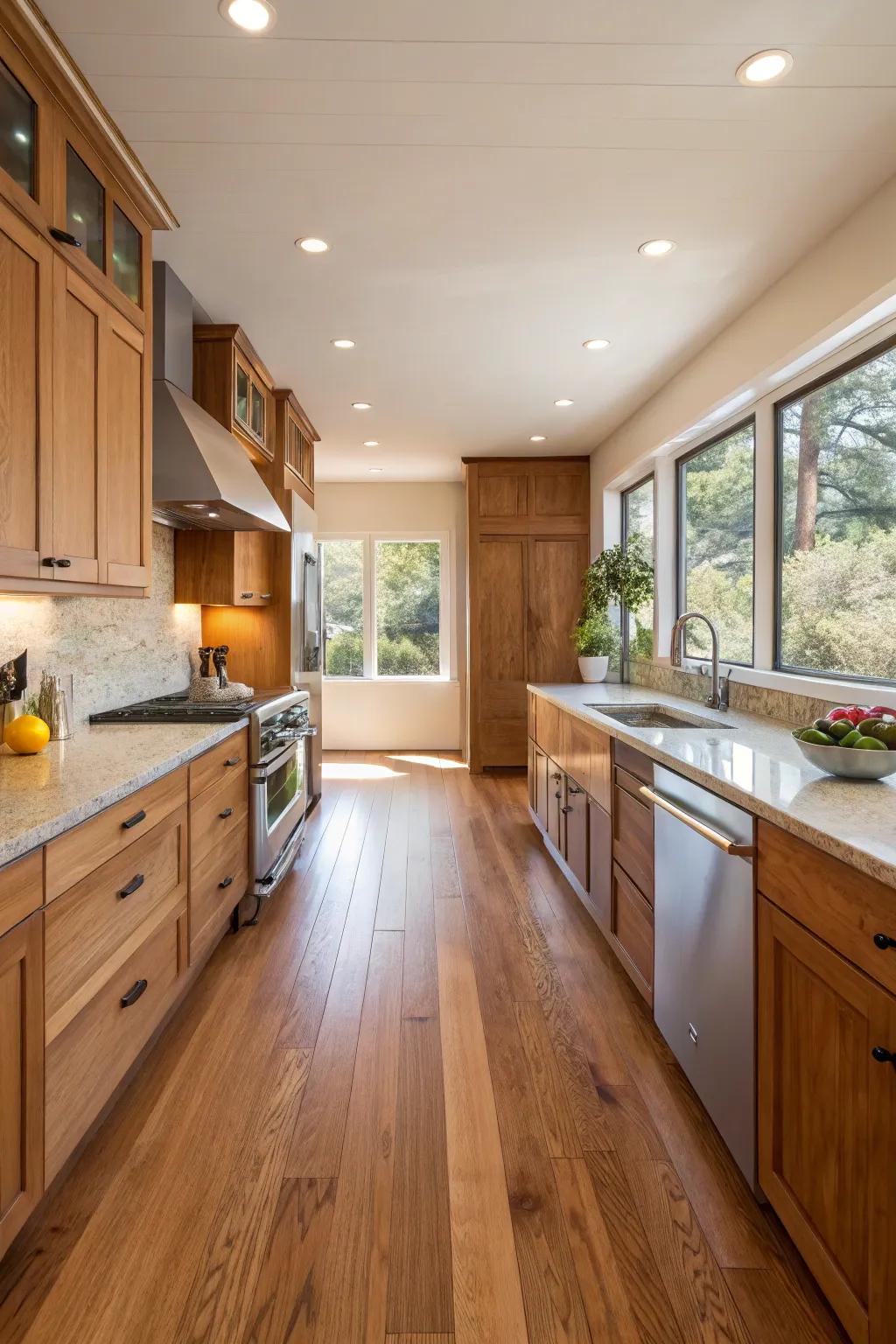 Timber floors establish a unified and seamless kitchen design.