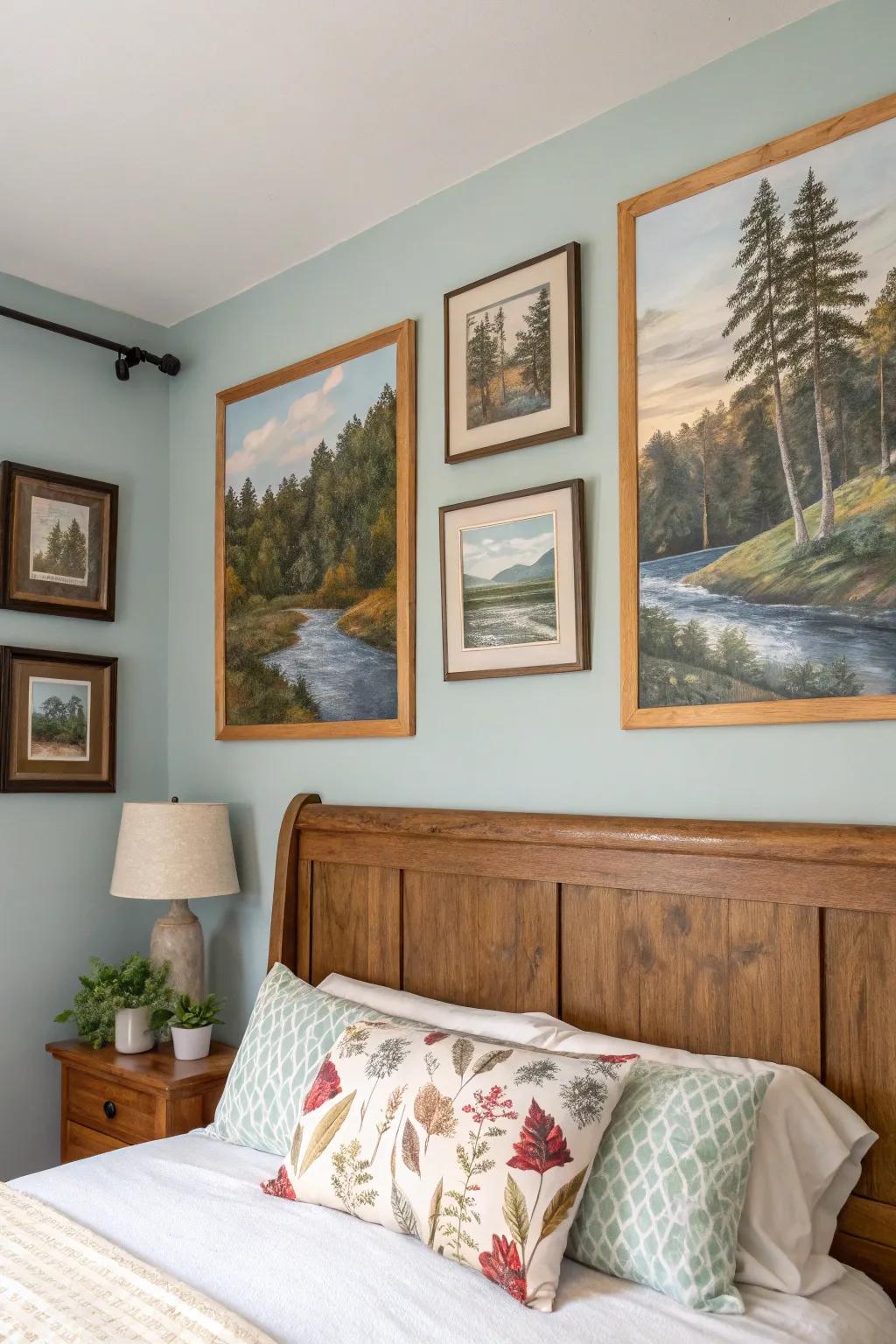 Art inspired by nature enhances the tranquil feel of a bedroom.