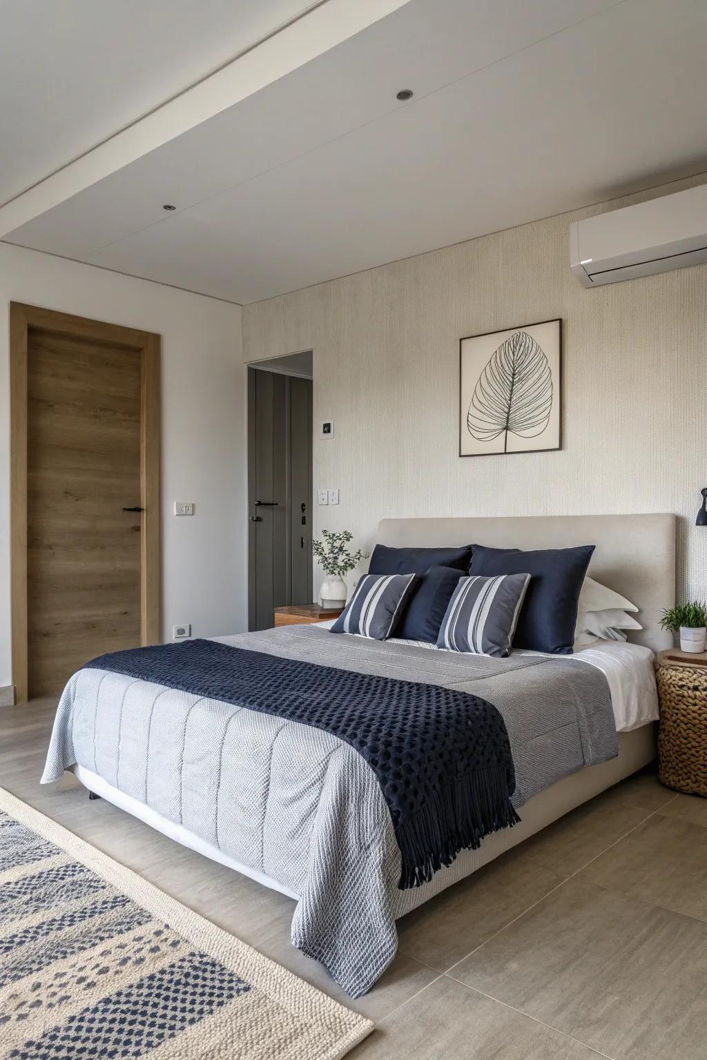 Embrace a calming atmosphere with minimalist navy and grey.