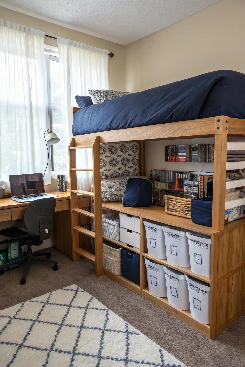 Maximize space with practical furnishings that complement navy blue decor.