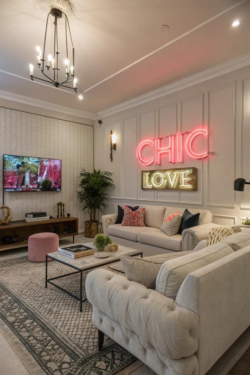 Create a bold impression with an illuminated accent in your communal space.