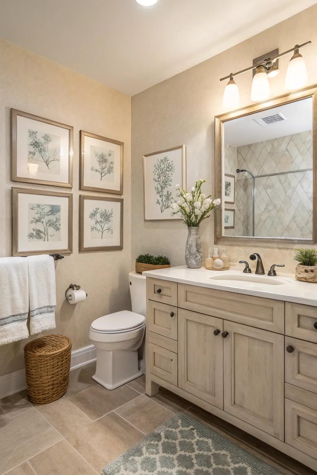 Delicate wall artistry imparts a distinctive element to this neutral bathroom.
