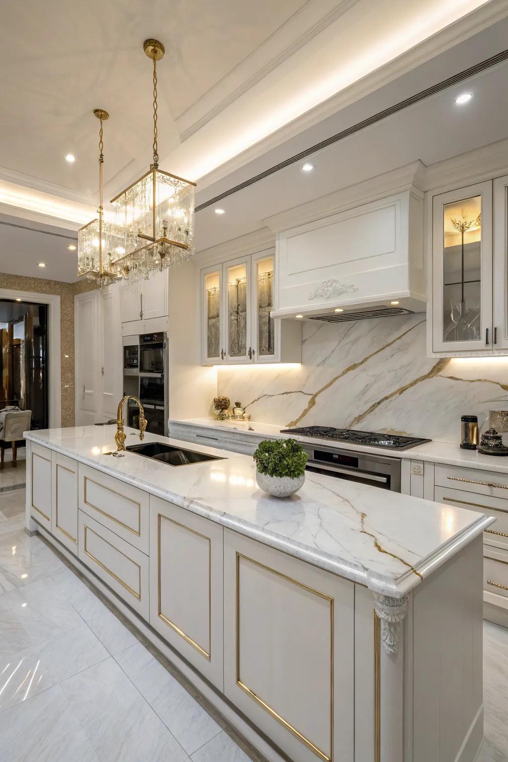 Opulent stone countertops that heighten the kitchen's sophistication.