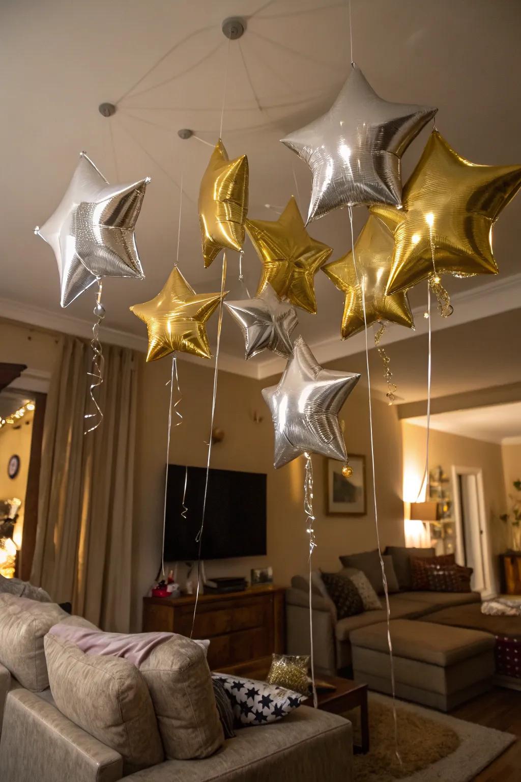 Star balloons embellishing the ceiling, bringing a hint of enchantment to the New Year's celebrations.