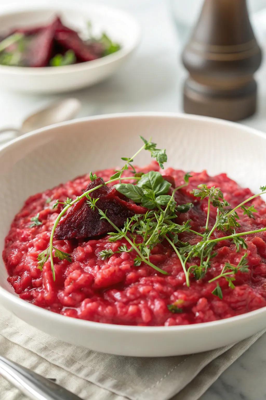 A radiant beetroot risotto, adding a pop of color to your New Year's dinner.