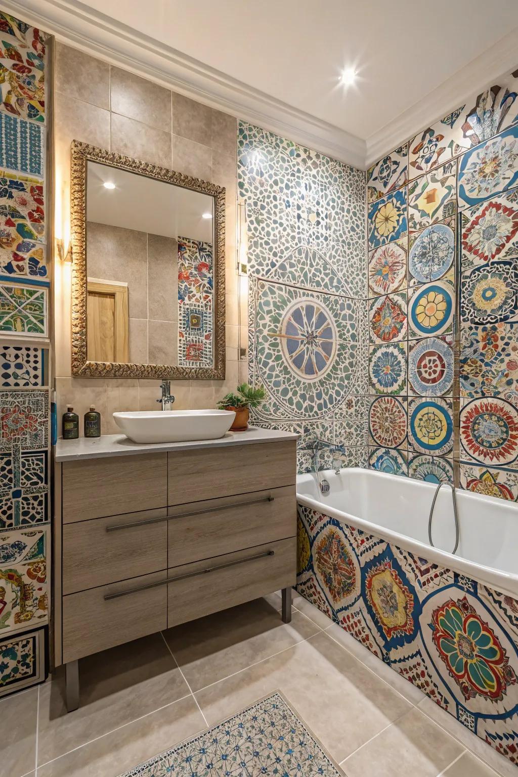 Intricate decorative tiles imbuing character into a bathroom wall.