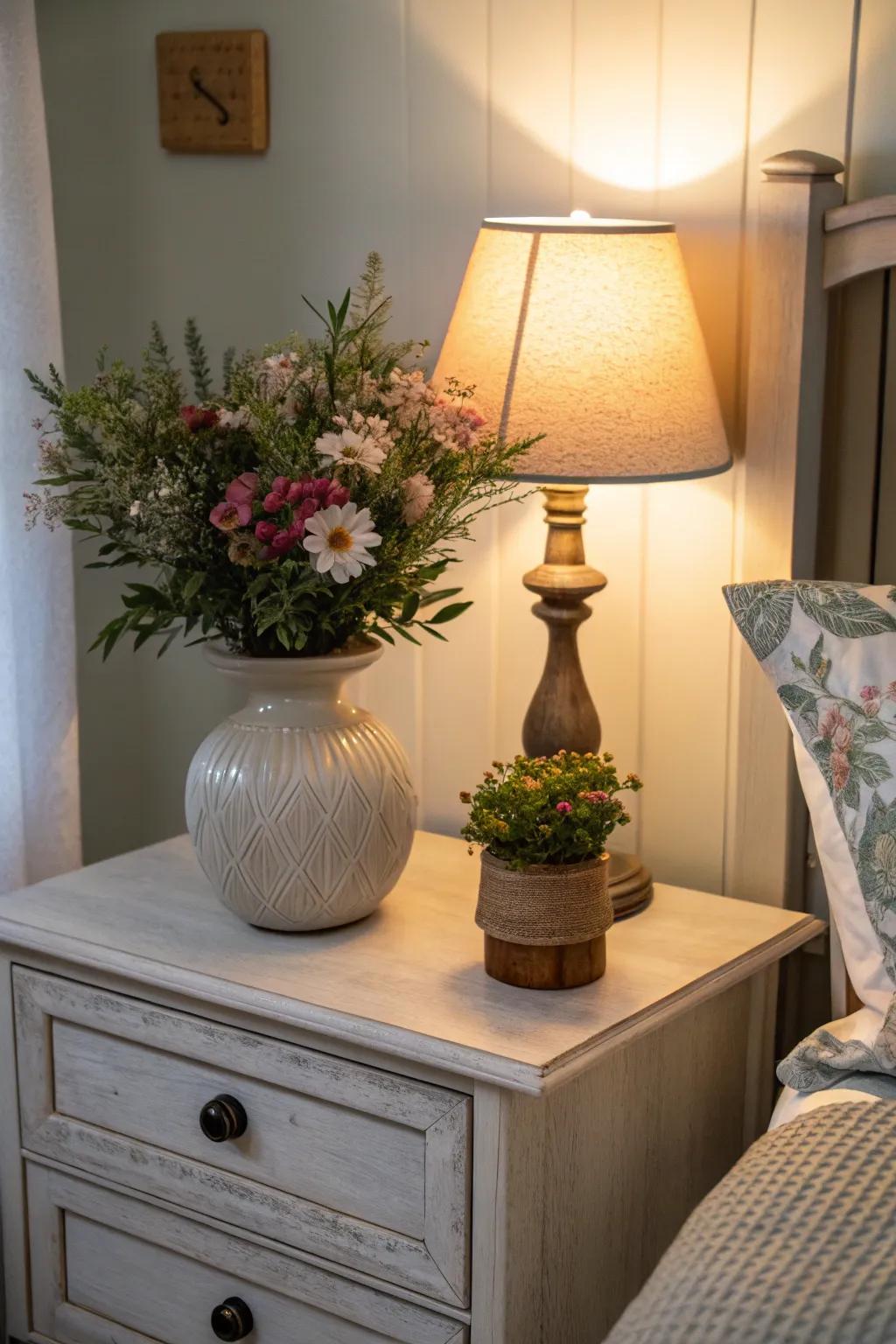 Fill your area with the appeal of the outdoors by placing plants on your bedside table.
