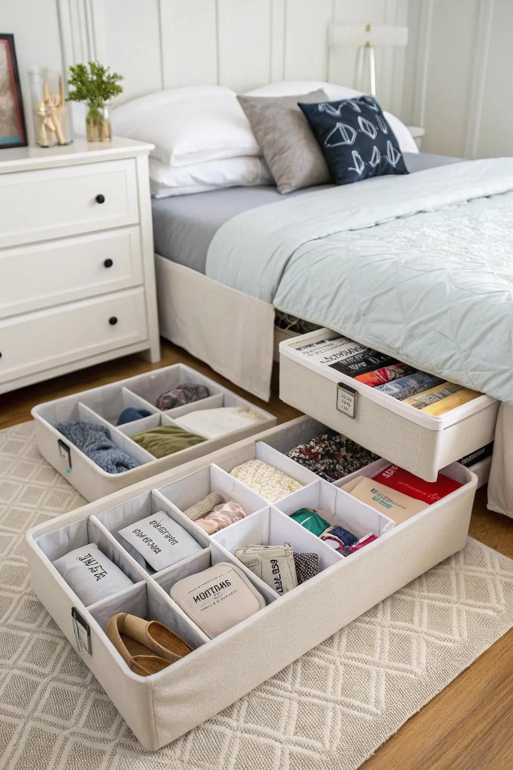 Under-bed storage keeps items accessible yet out of sight.