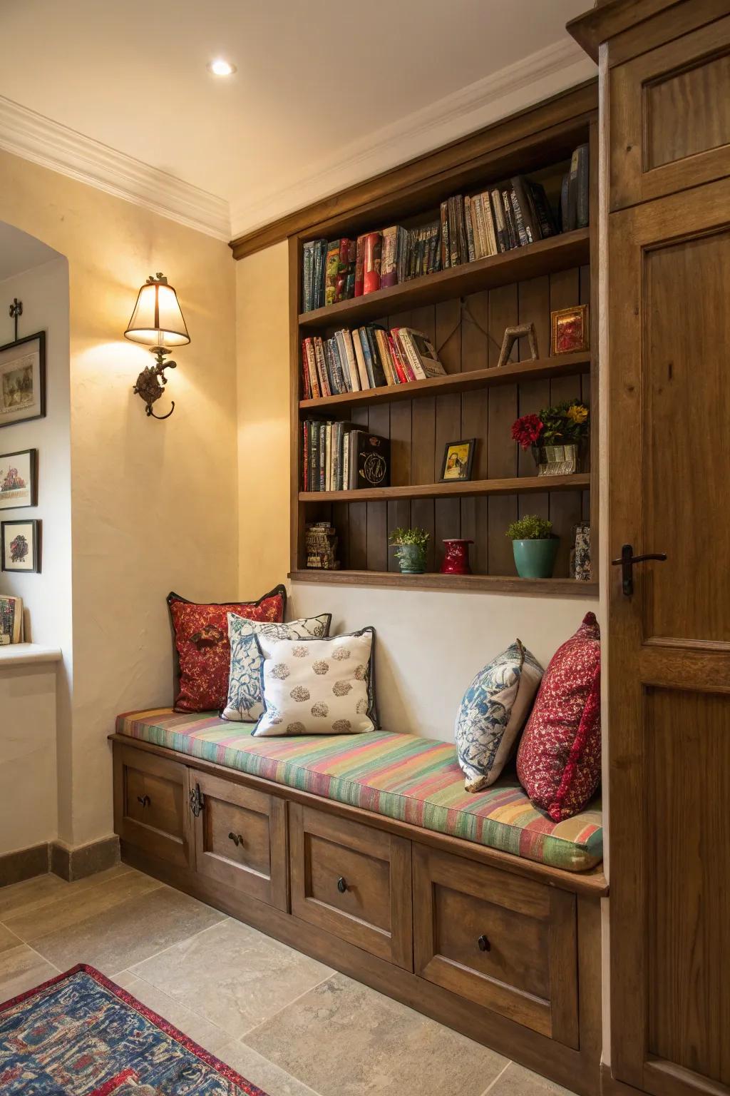 Transform an alcove into a snug hideaway with a bench and a pop of color.