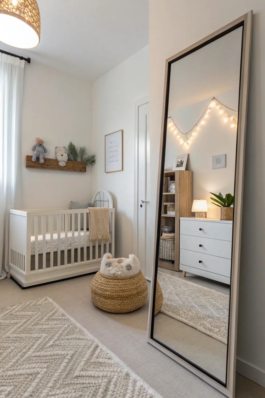 A simple nursery with a sleek reflector that boosts its simplicity.