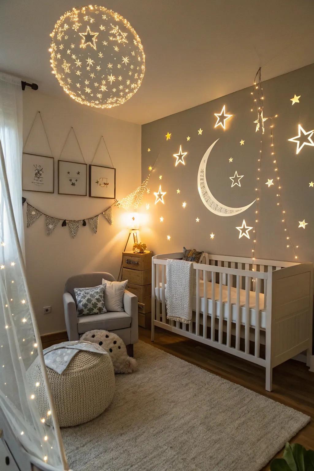 A nursery that captures the sorcery of the night welkin with celestial components.