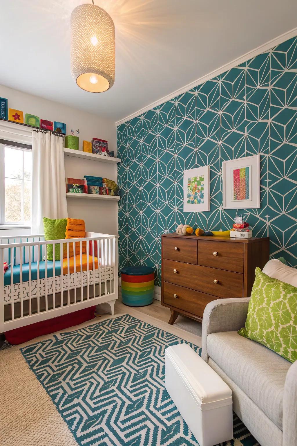 A bold accent wall brings a striking impact to a nursery.