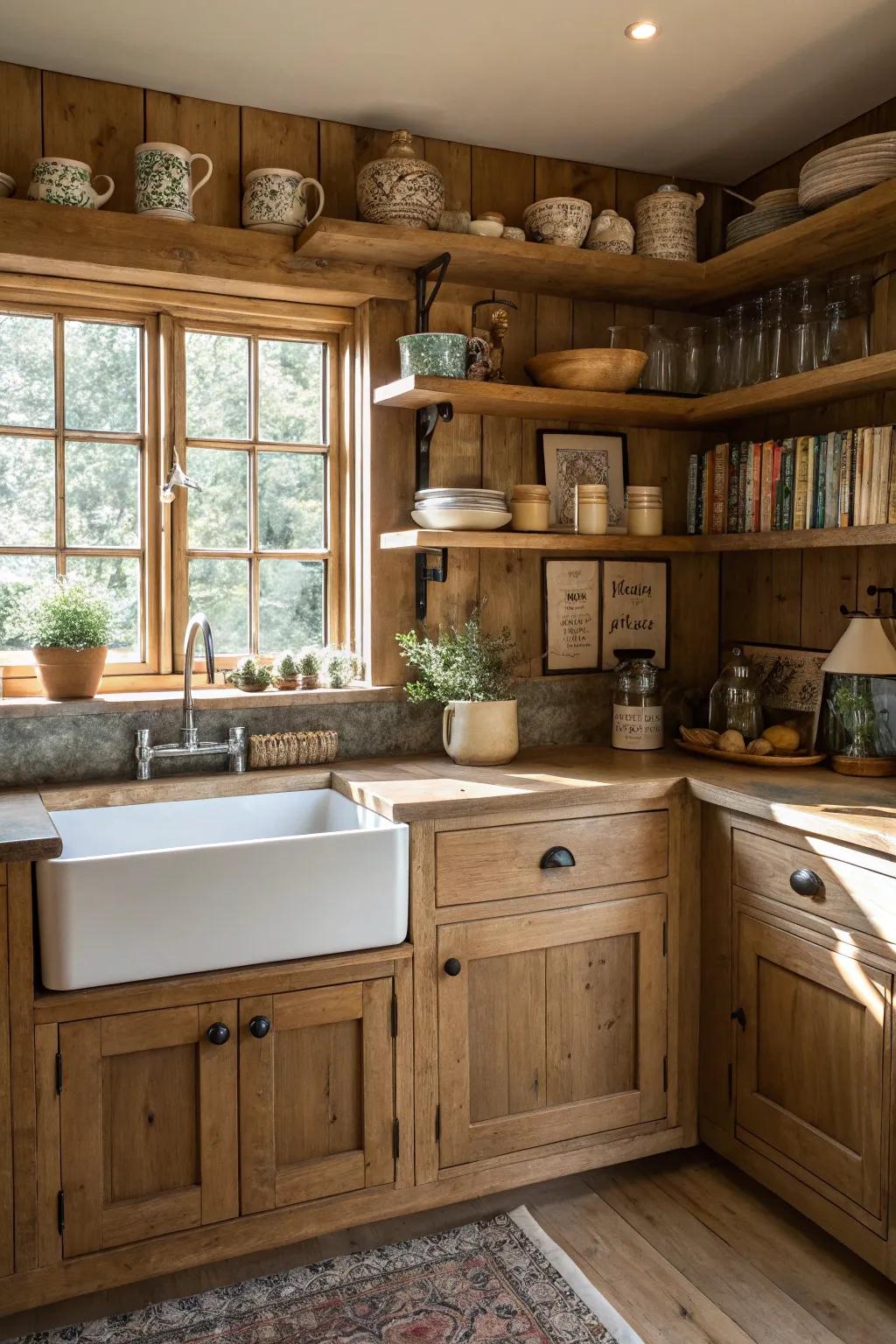 Countryside details enrich charm and character to an oak kitchen.