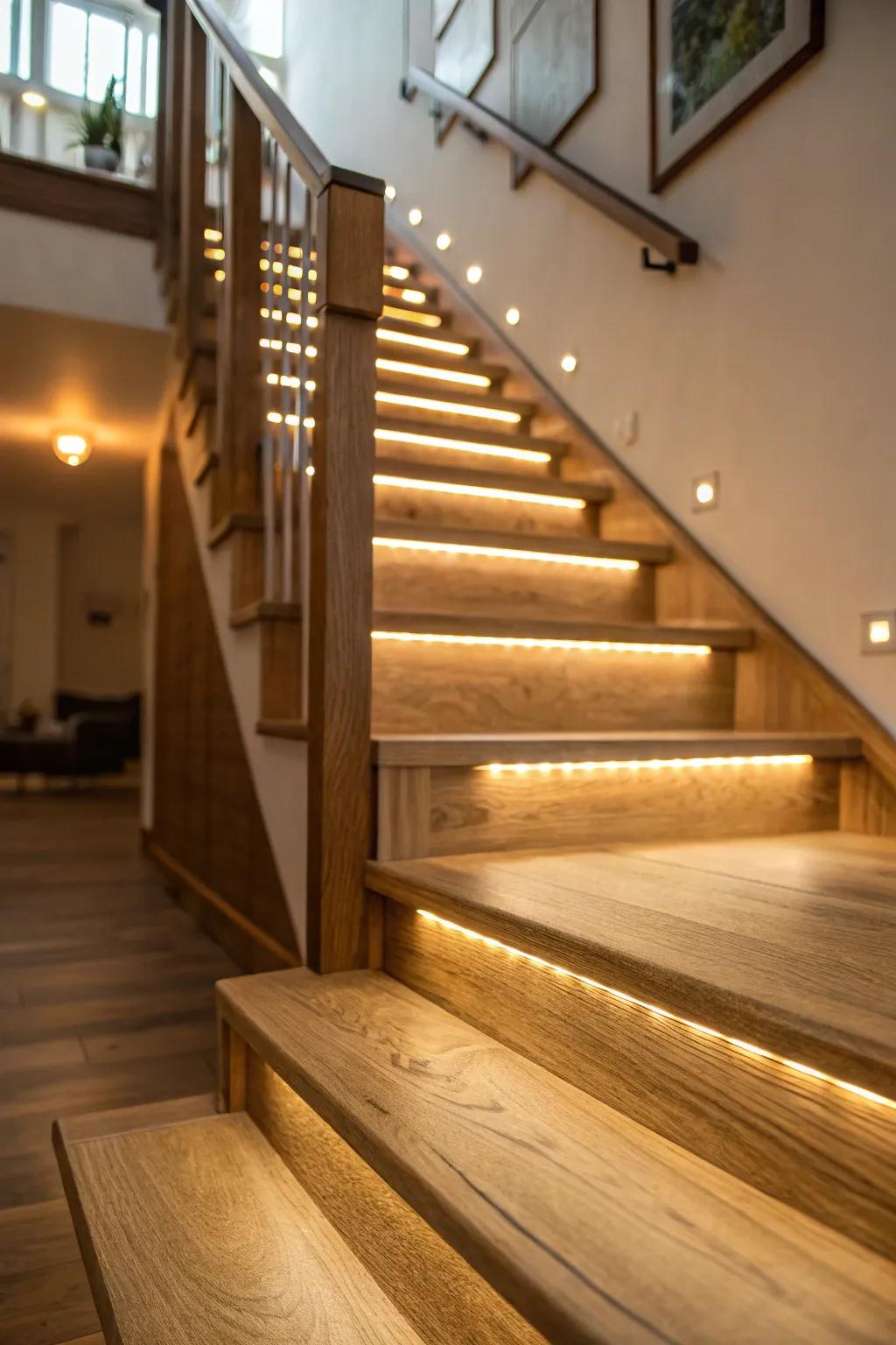 An oak staircase illuminated with delicate, ambient lighting.