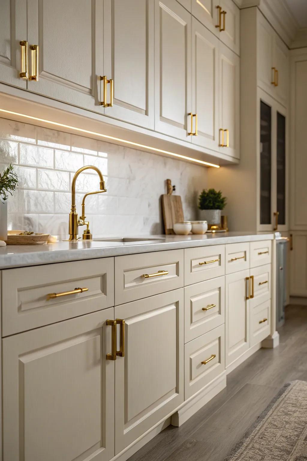 Golden highlights emphasize the grace of creamy white cabinetry.