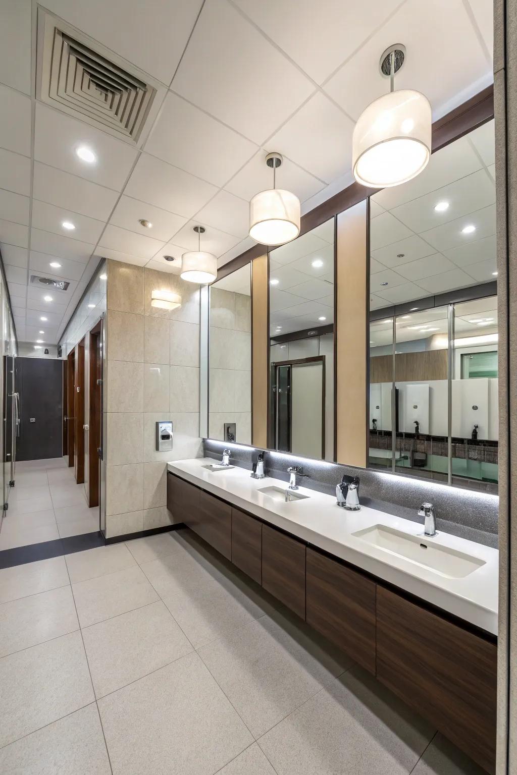 Modern mirrors enhance the contemporary look of the office bathroom.