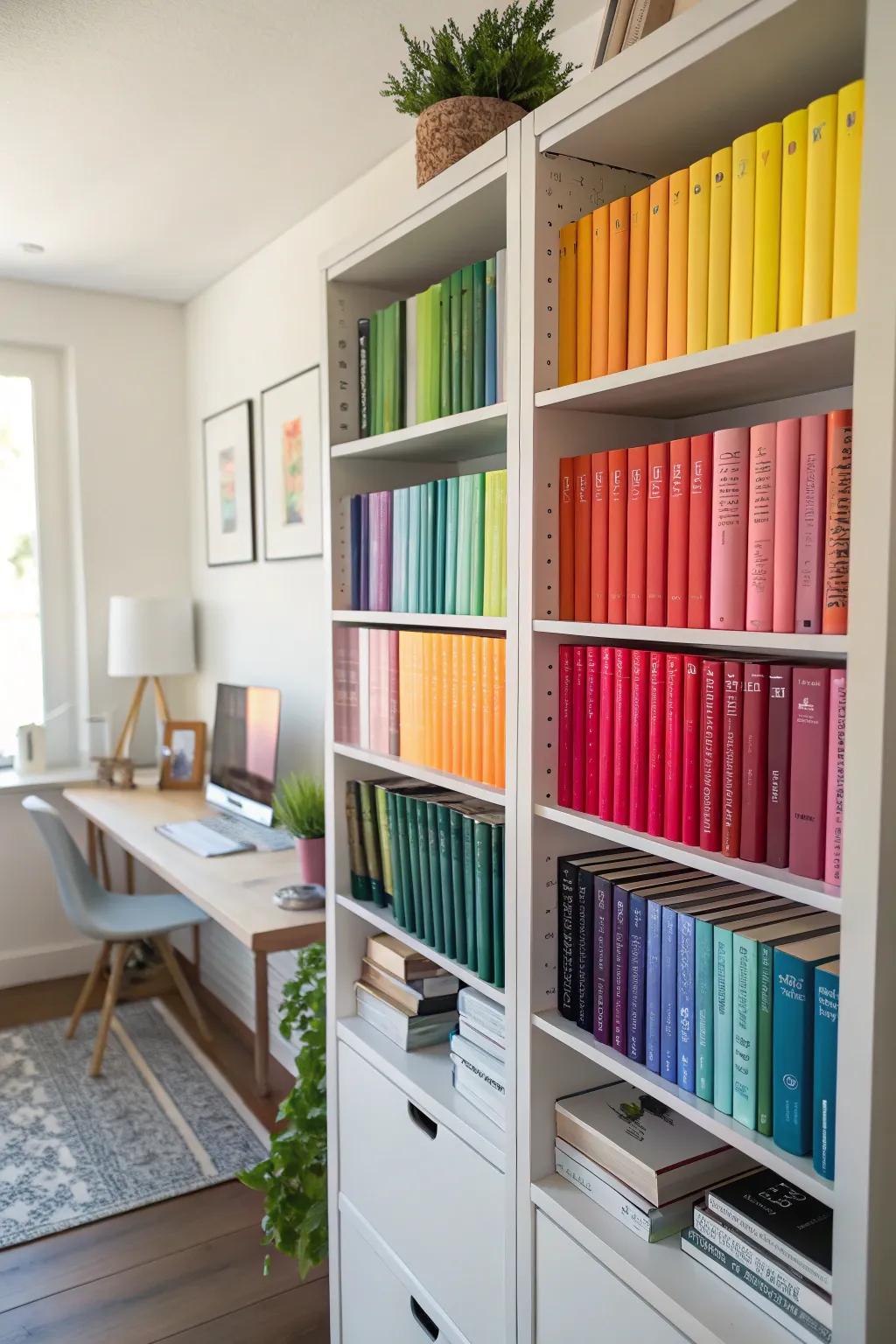 Color-aligned books add a vibrant touch.