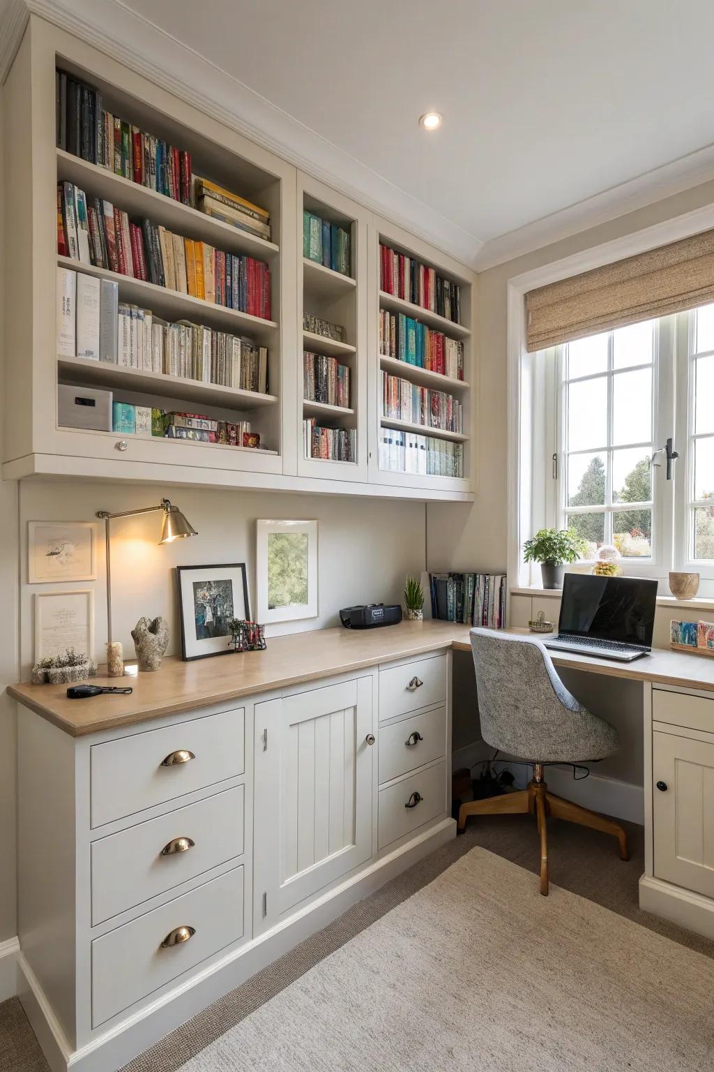 Enhance corner spaces using custom-fitted office cabinets.