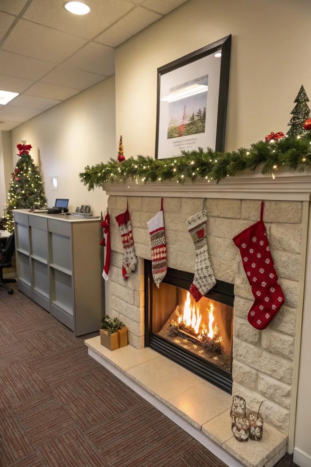 A snug corner evoking a hearth radiates warmth throughout any office.
