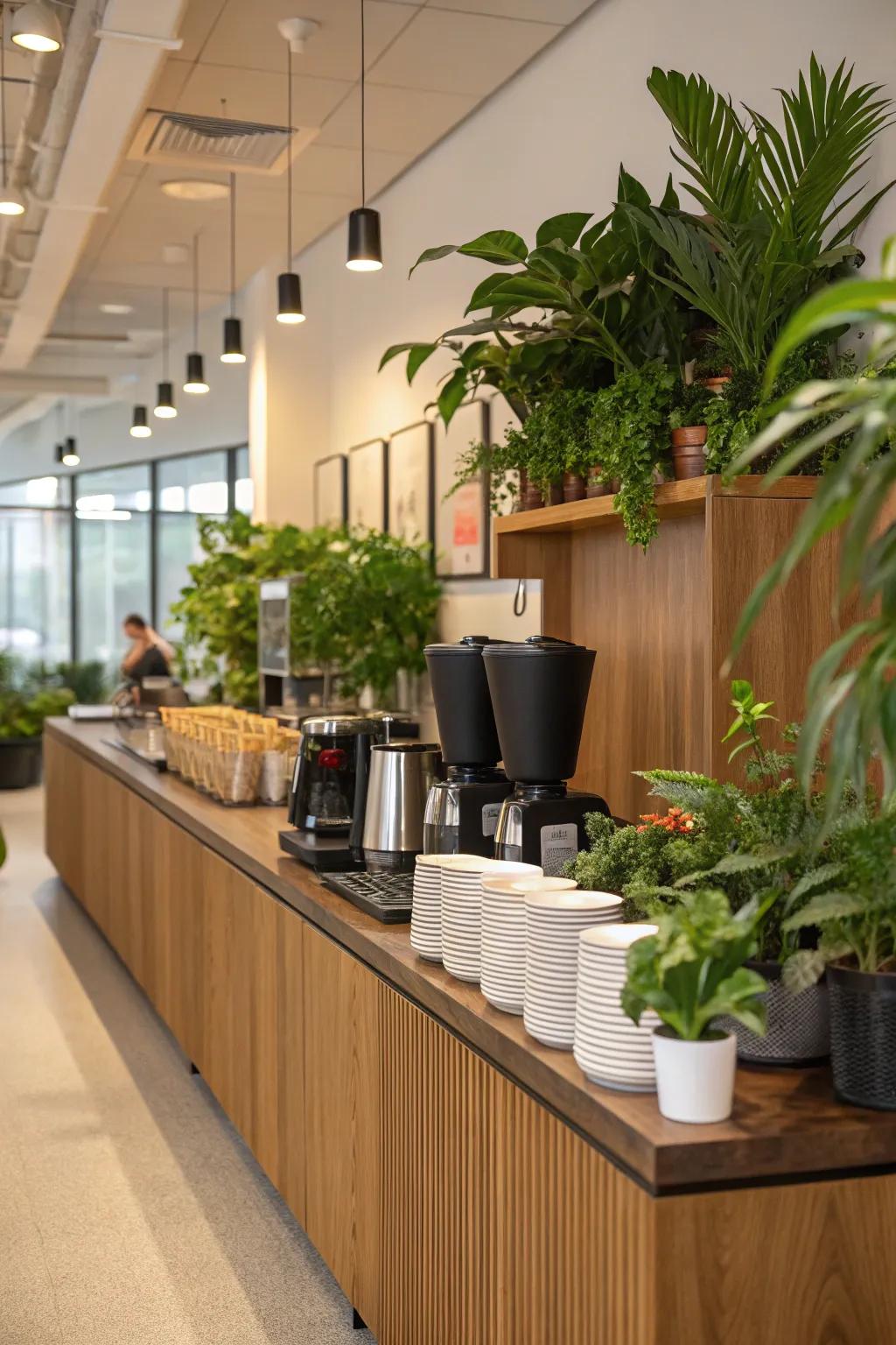 Plants introduce a calming vibe to your coffee bar setup.