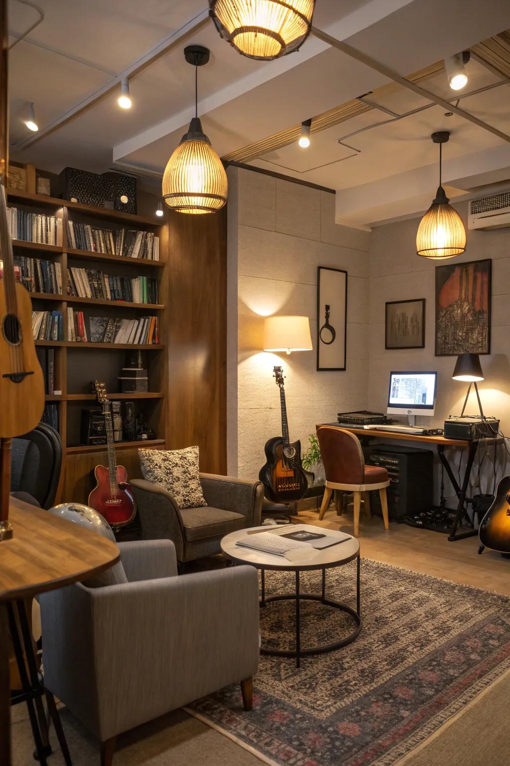 Soft lighting enhances the room’s atmosphere.