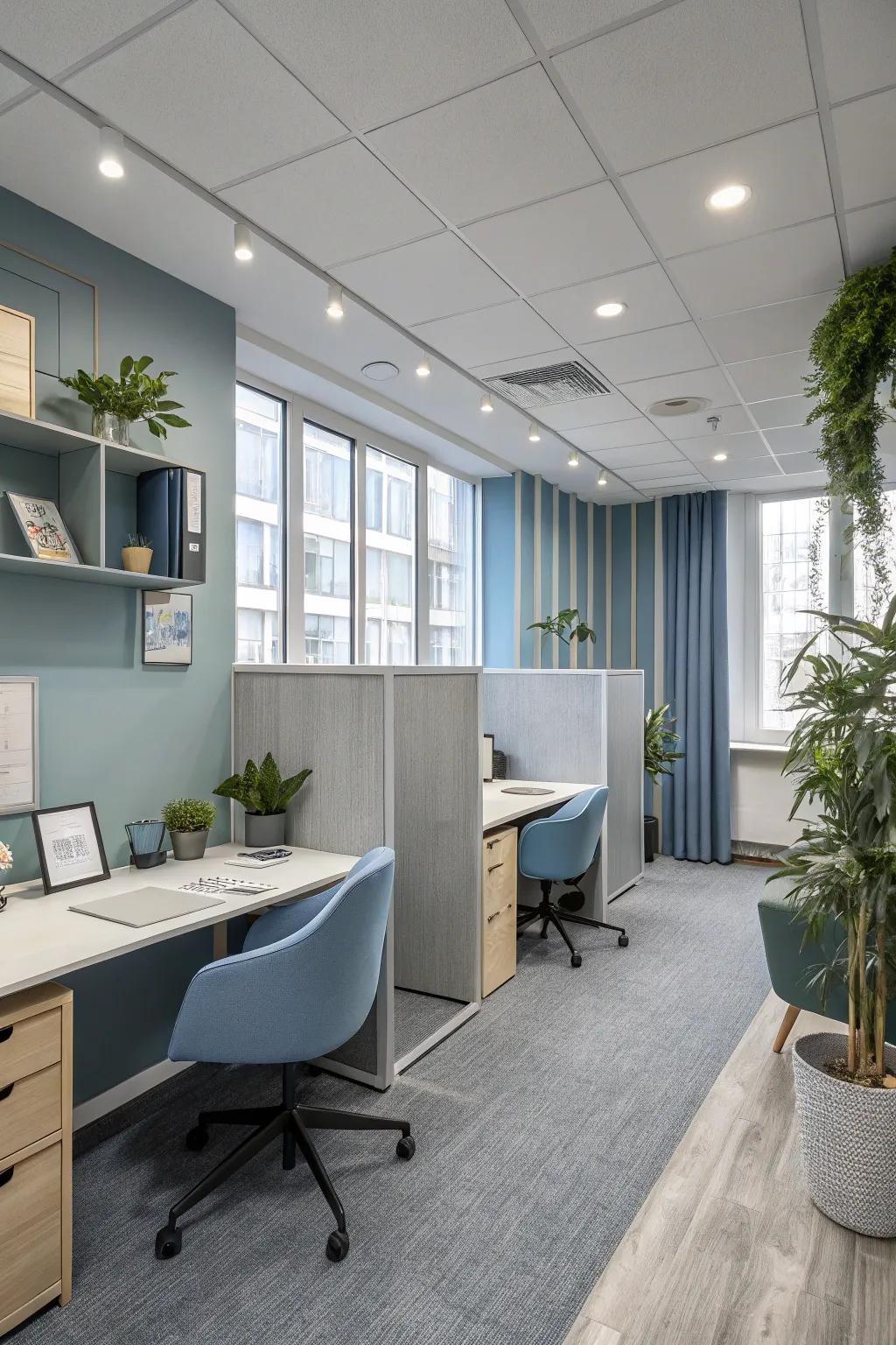 Soft gray and blue tones create a calming atmosphere, making it ideal for a reading room.