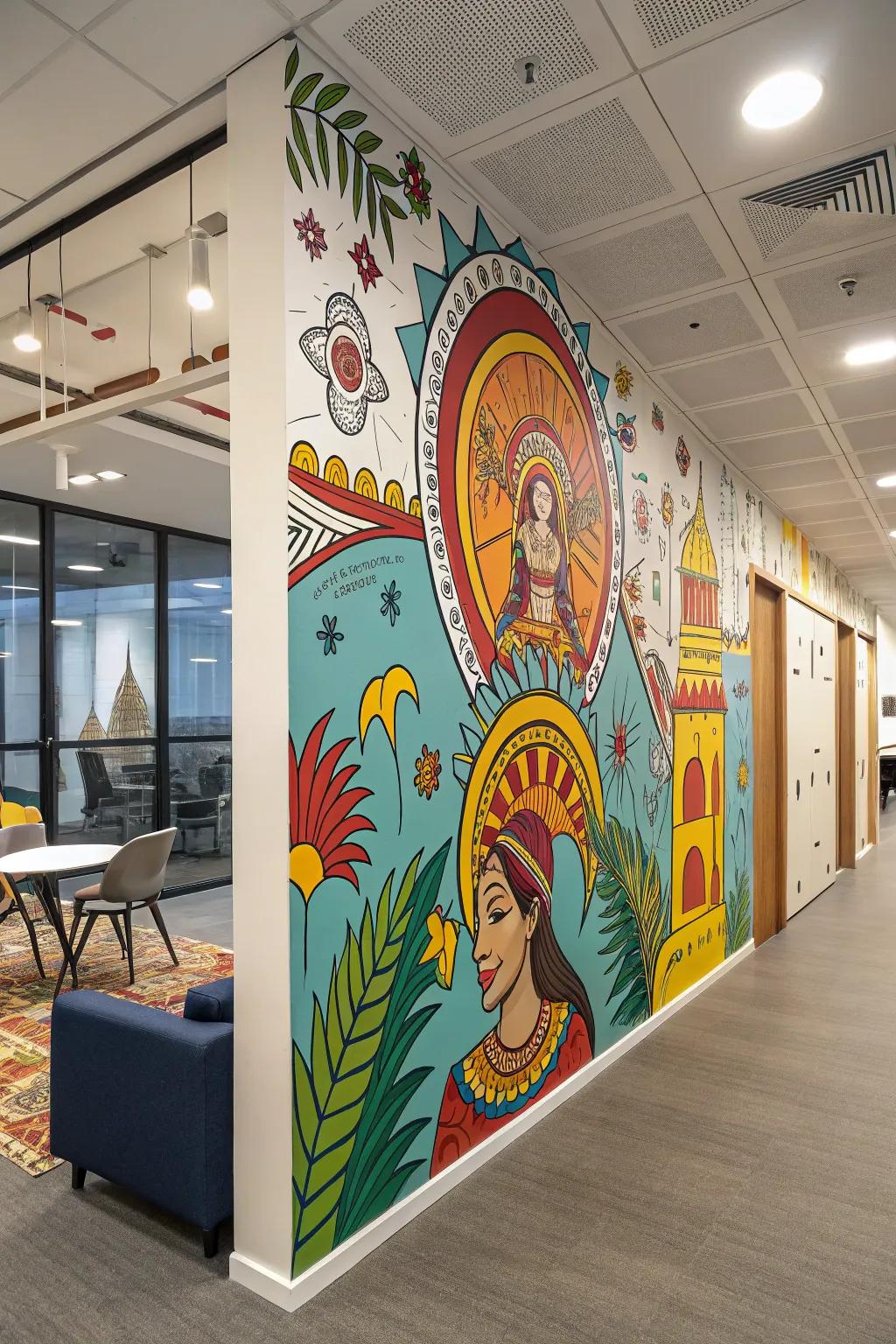 Introduce a unique cultural touch to your workspace with artistic murals.