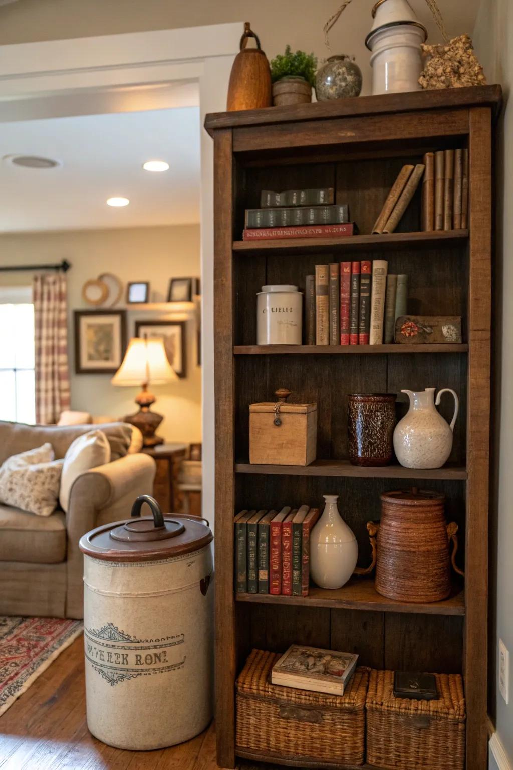 Craft a varied visual by intermixing stoneware with literature and ornamentation.