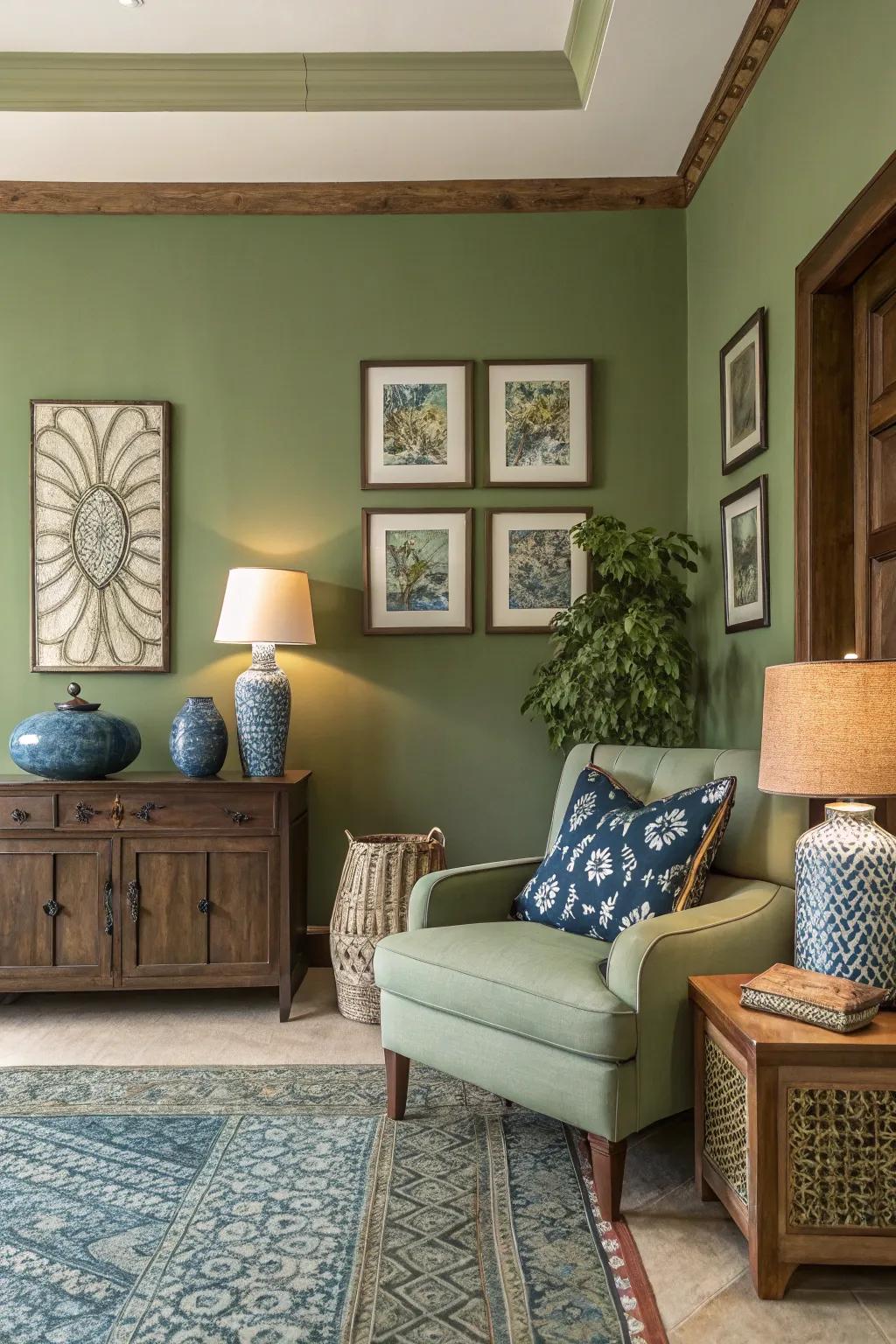 A harmonious medley of colors perfectly enhances olive green walls.