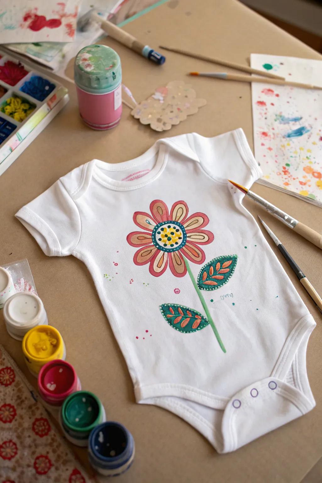 A distinctive onesie adorned with a handcrafted touch.