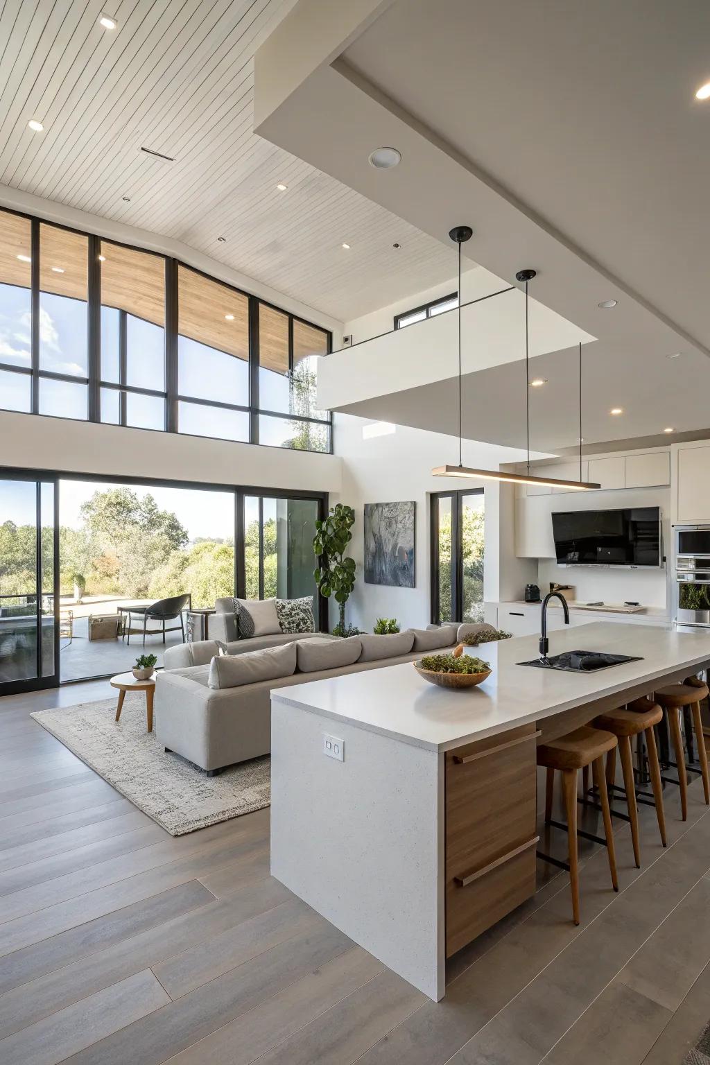 Up-to-date decoration adds elegance to open living spaces.