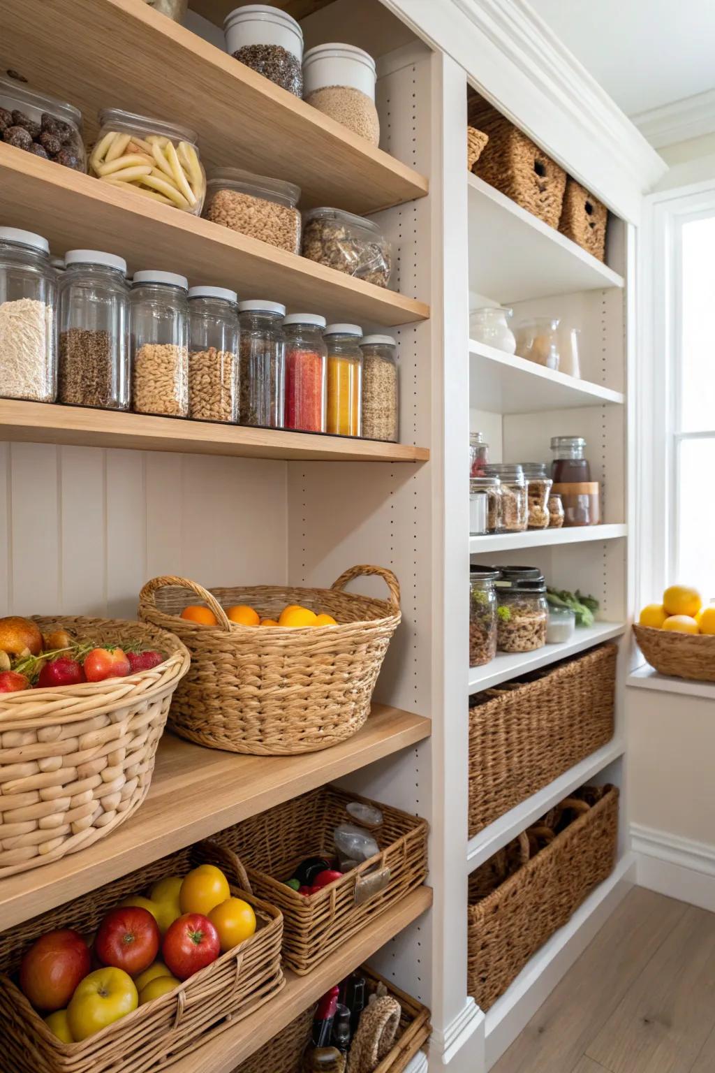 Woven baskets enrich pantry organization through texture and visual appeal.
