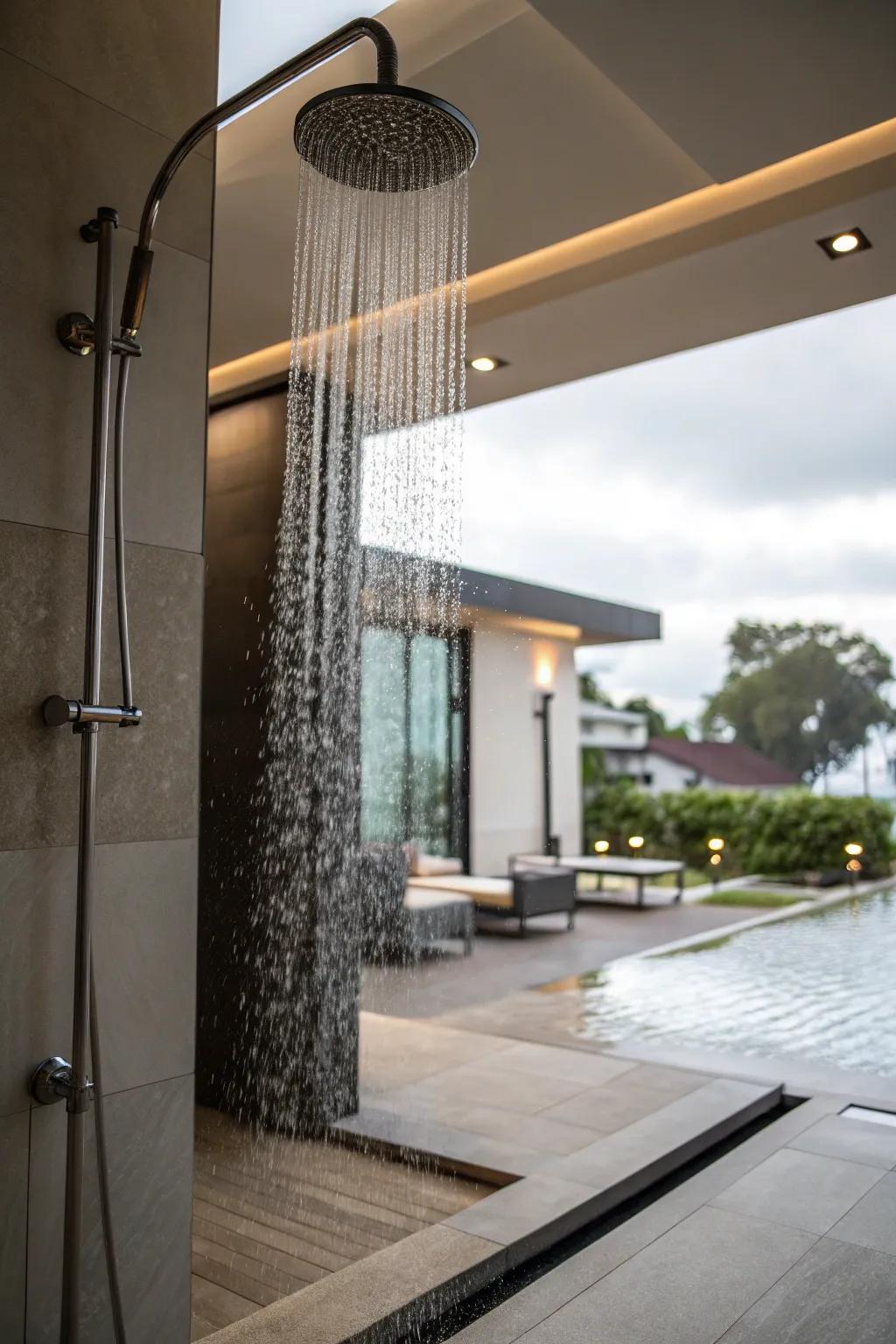 Rain shower heads add a luxurious touch to your open shower.