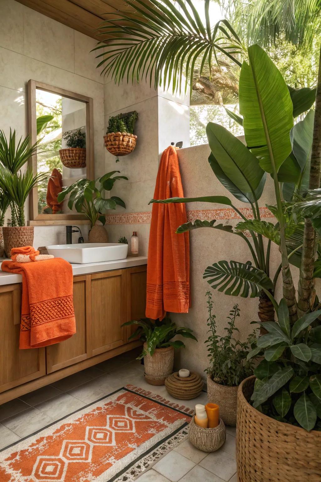 Orange accents paired with verdant tropical foliage to evoke an exotic sensation.