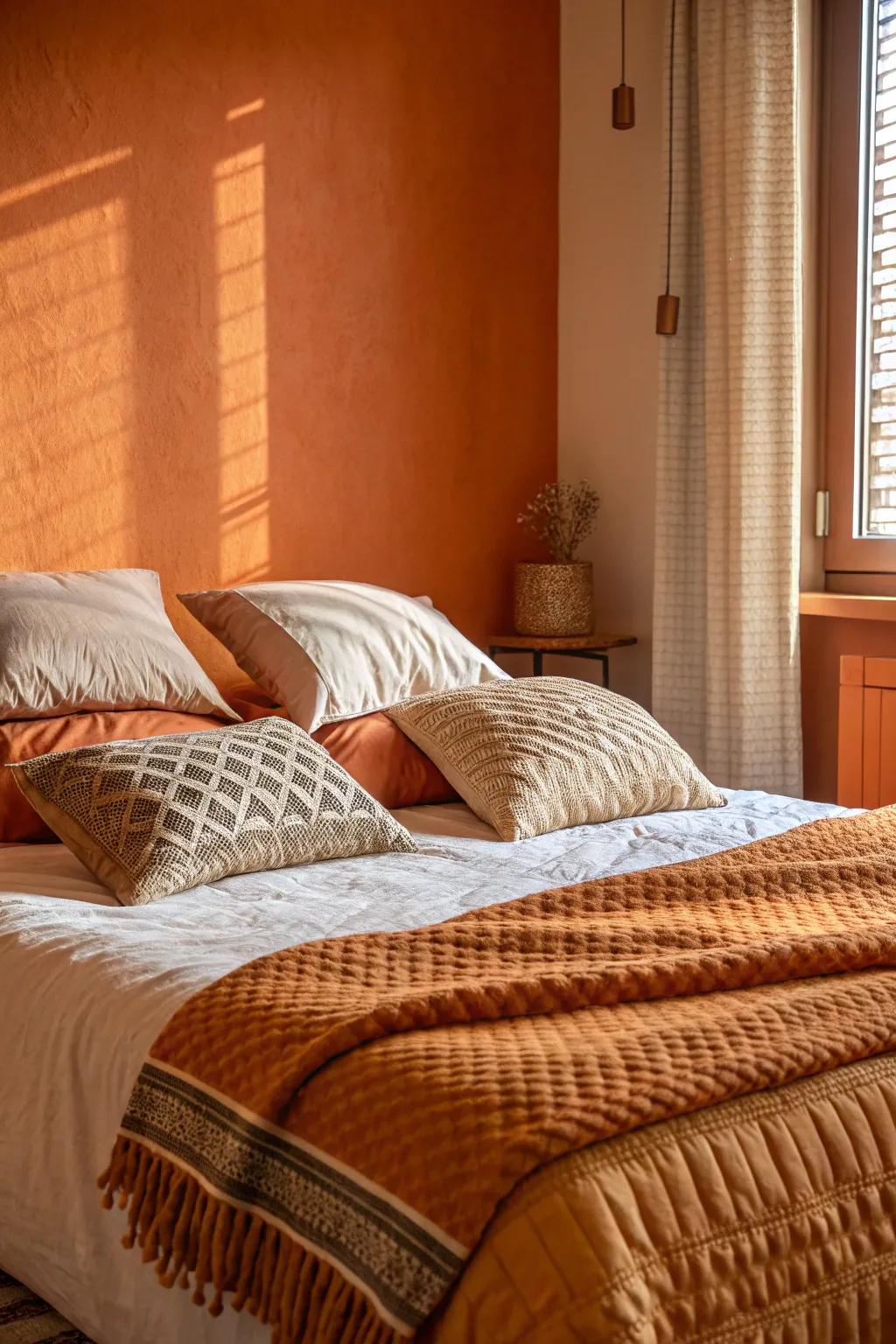 Textured bedding enhances profundity and tempers the impact of walls painted orange.