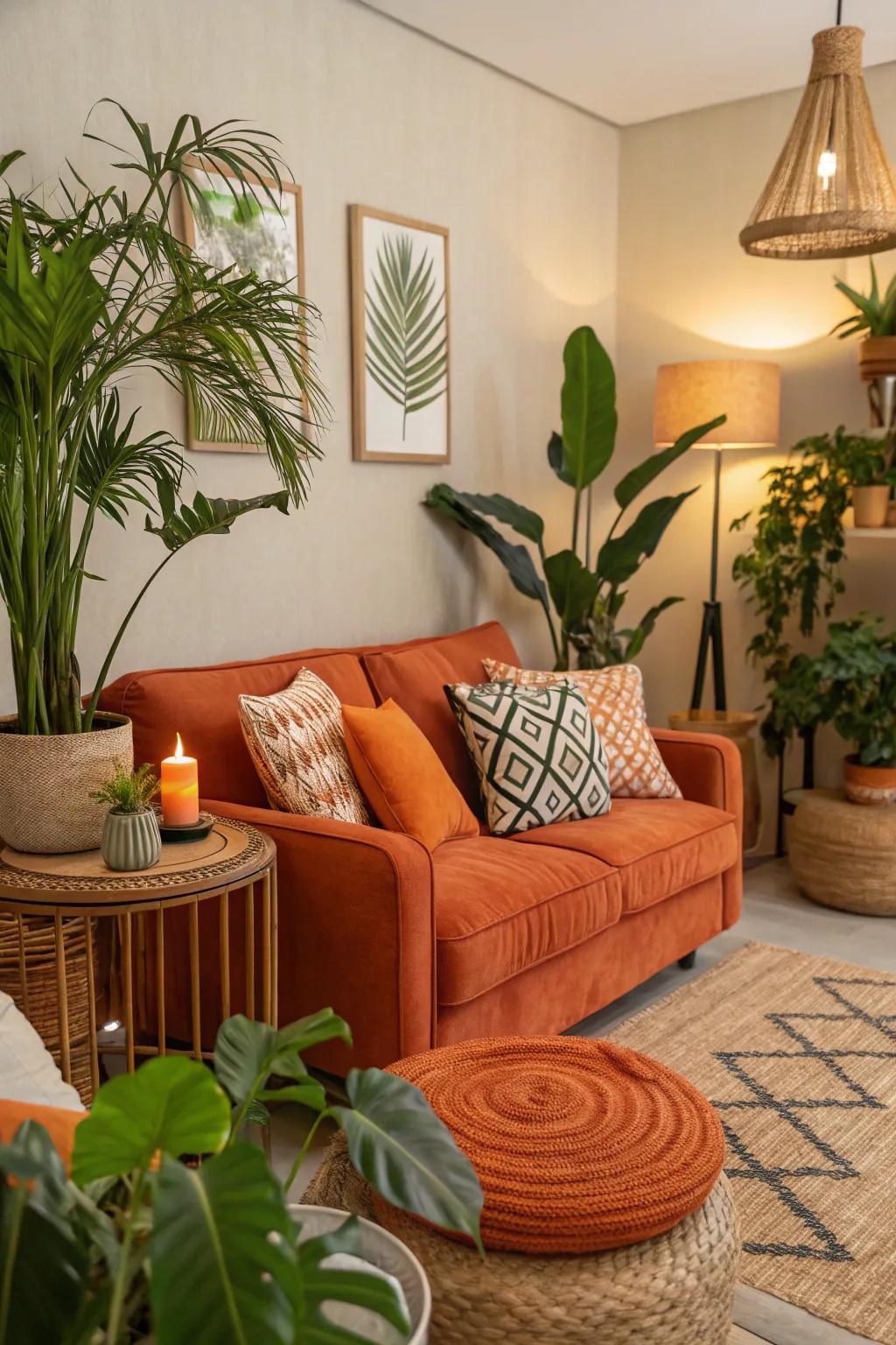 Orange features paired with greenery create a balanced and natural atmosphere.