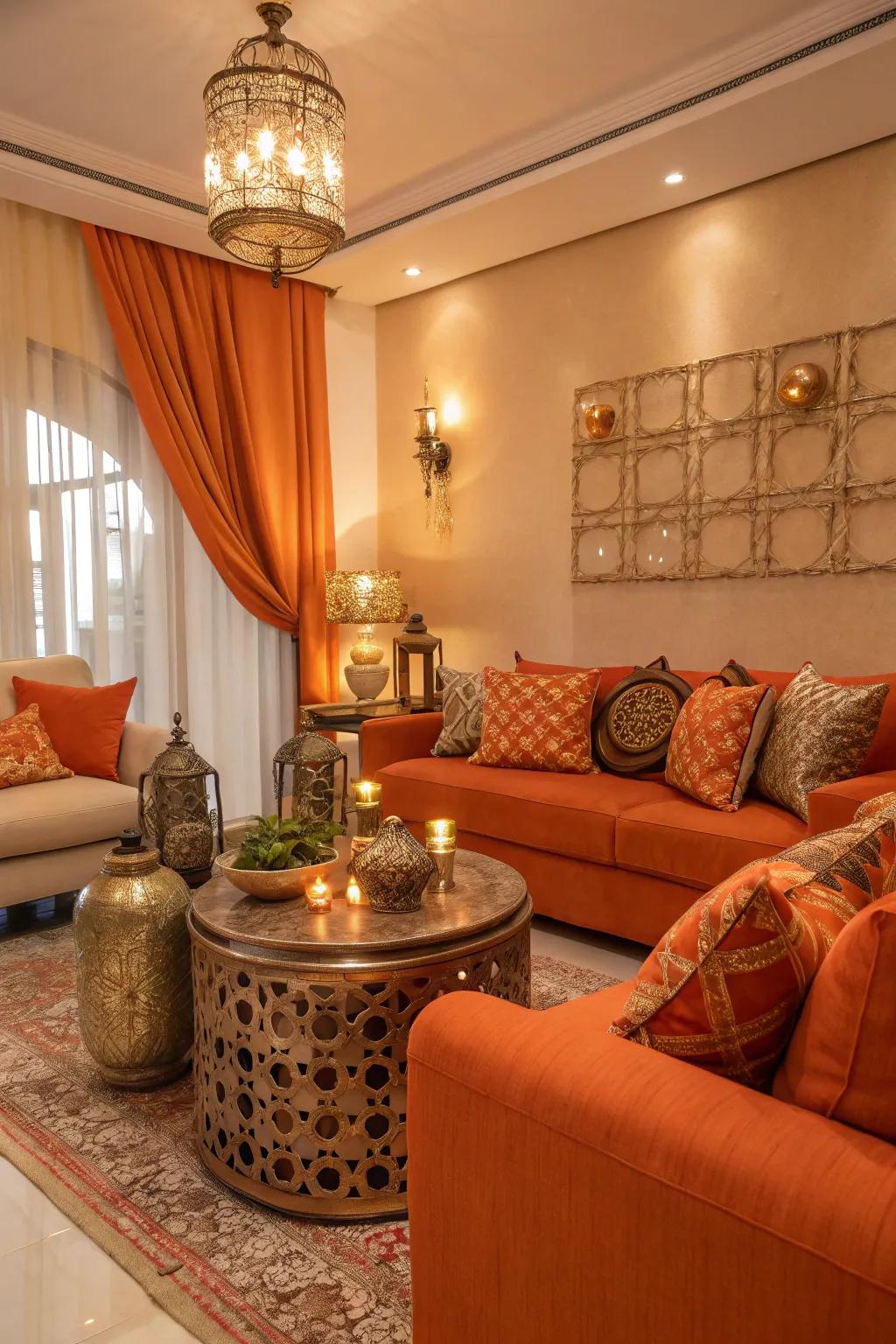 Observe an elegant living room where orange hues meet metallic details.