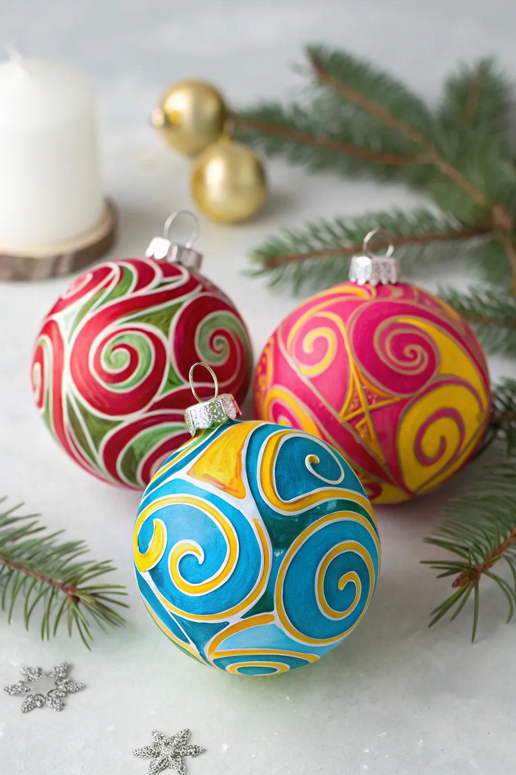 Abstract swirl ornaments introduce a modern flair to holiday decor.